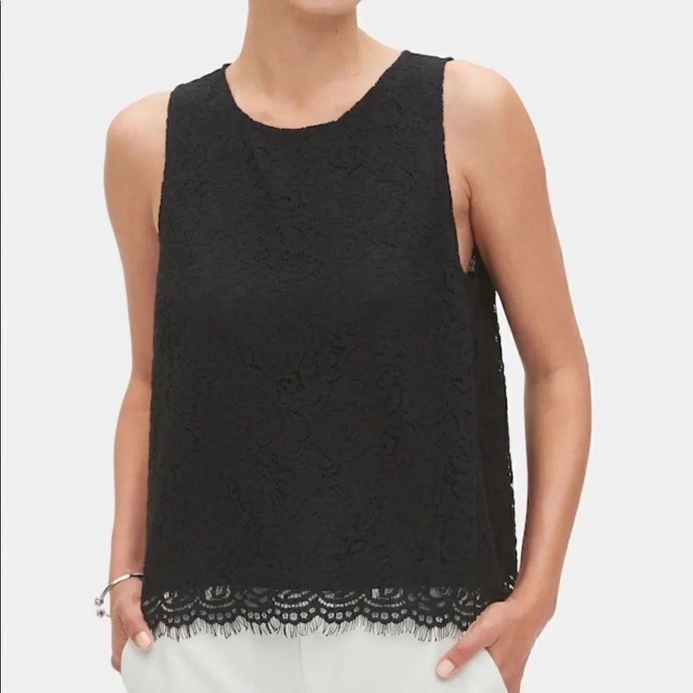 New NWT BANANA REPUBLIC Black Lined Lace Tank Top Scalloped Hem Dressy Shell S